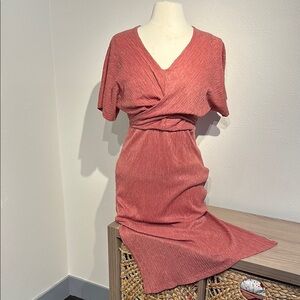 All in Favor Pink Wrap Tie Front Midi Dress